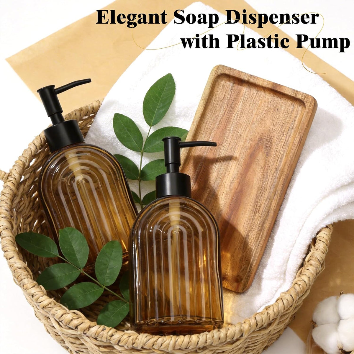 Glass Soap Dispenser Set with Wooden Tray, 13.5Oz Refillable Liquid Modern Soap Dispenser with Plastic Pump for Hand and Dish Set for Bathroom Countertop Decor (Dark Brown)
