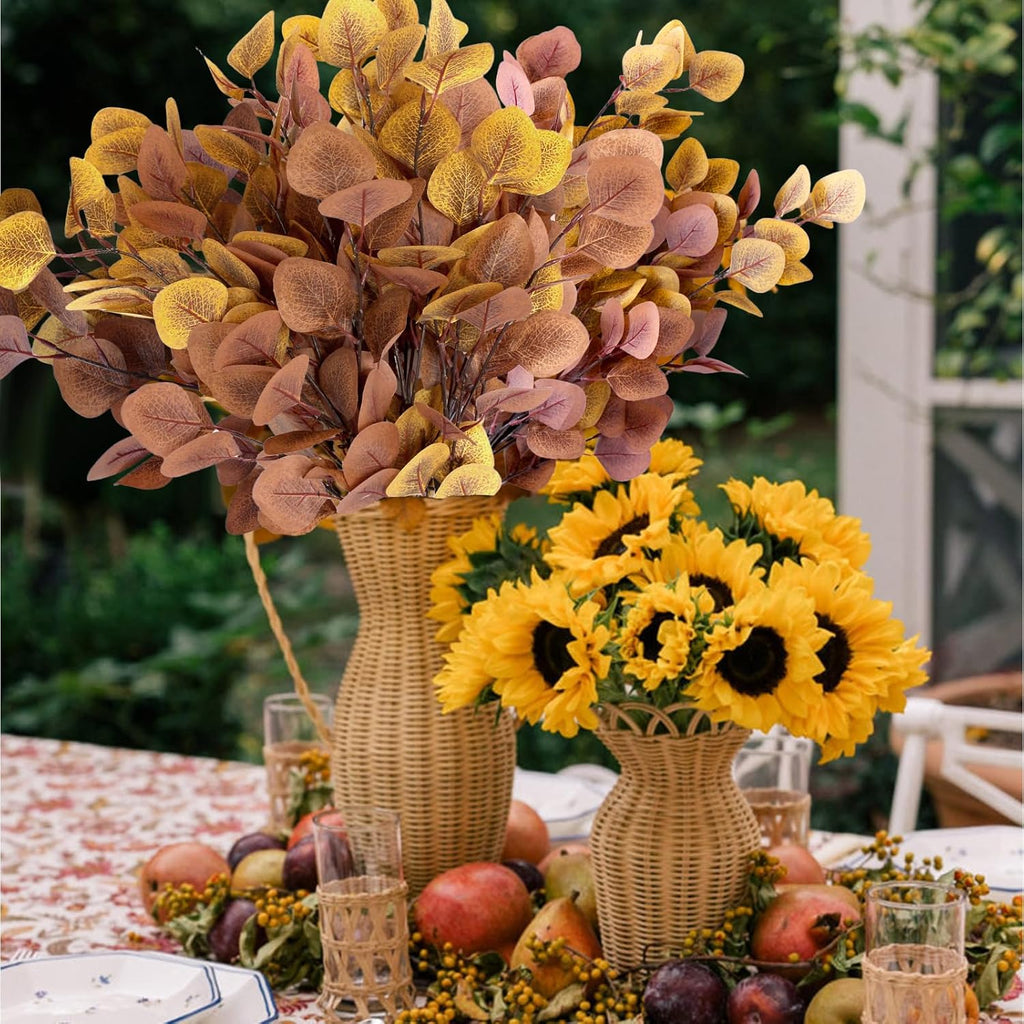 6 Pcs Fall Artificial Eucalyptus Stems Fall Decorations with Eucalyptus Leaf Branches for Indoor Home Autumn Festival Thanksgiving Decor(Mixed Dark Brown and Light Brown)