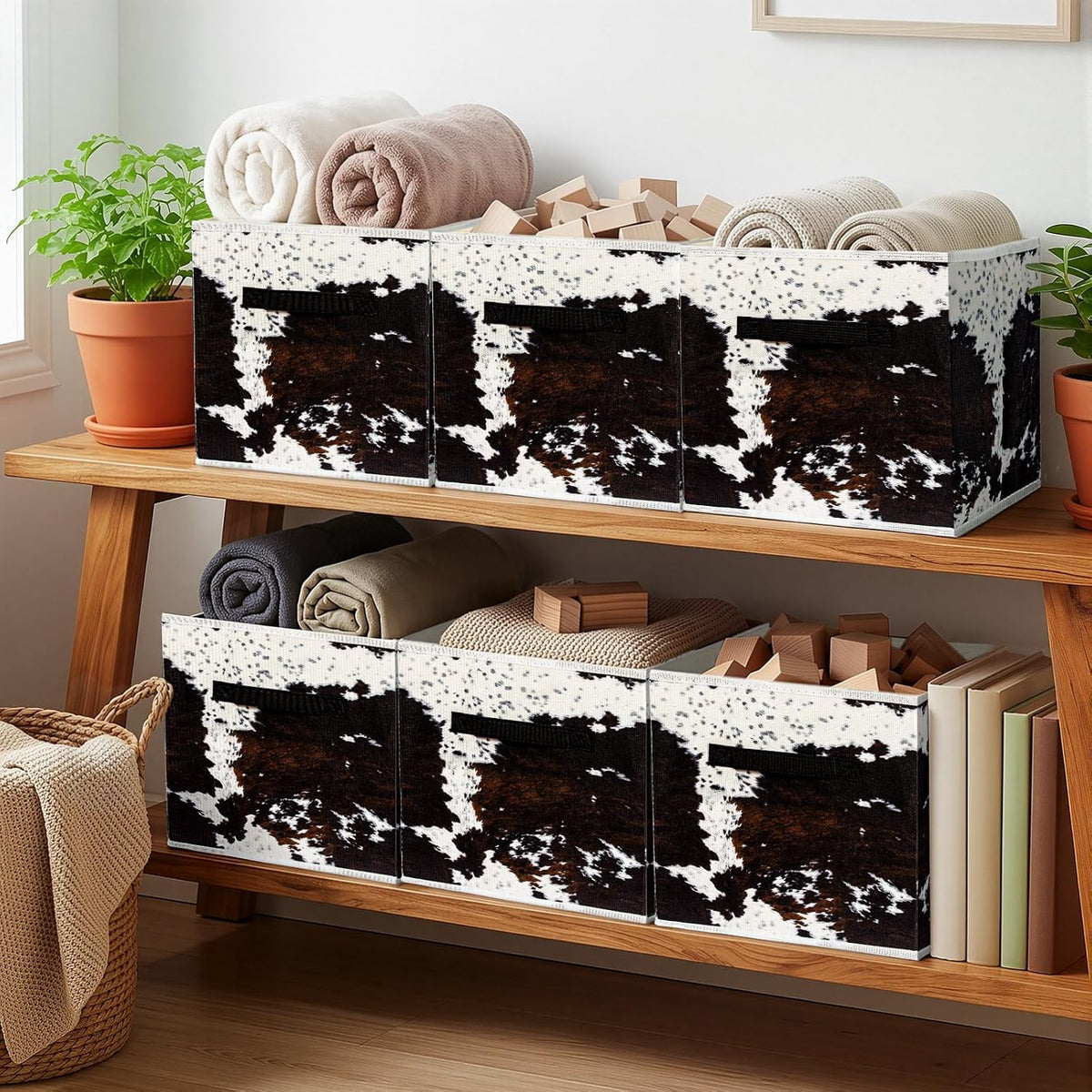 BBSET 6 Pcs western Cow Cube Storage Bins 12.5 inch with Handle