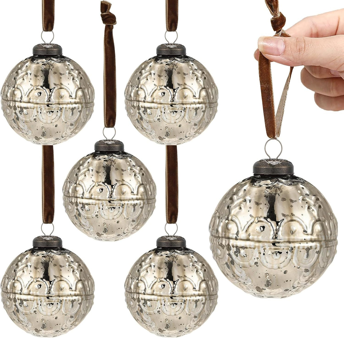 Threan 6 Pcs Champagne Gold Mercury Glass Christmas Ornaments, Etched
