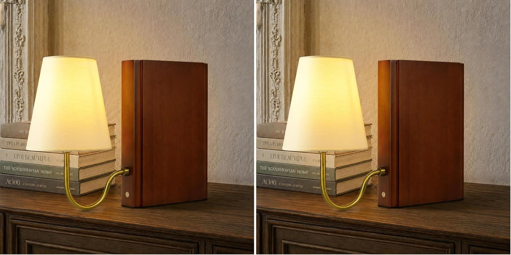 AELS Solid Wood Bookshelf Lamp with Bulb, 3-Color Touch Control Dimmable Table Lamp with Linen Shade, Modern Decorative Bookend Lamp for Bedroom, Office & Bookshelf Decor, Dark Brown (Pack of 2)