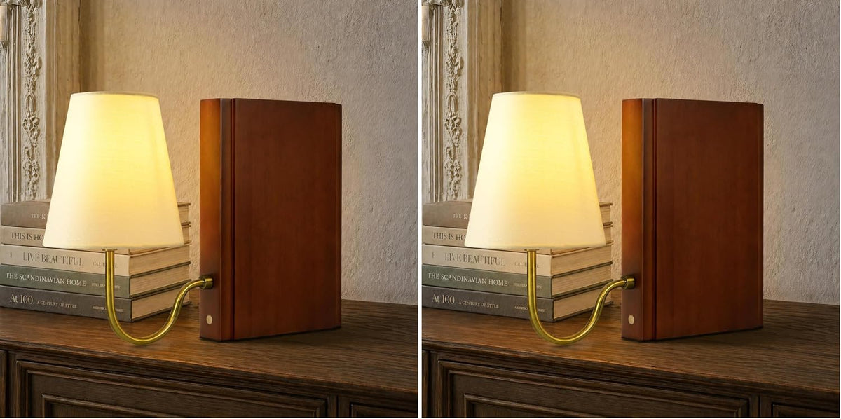 AELS Solid Wood Bookshelf Lamp with Bulb, 3-Color Touch Control Dimmable Table Lamp with Linen Shade, Modern Decorative Bookend Lamp for Bedroom, Office & Bookshelf Decor, Dark Brown (Pack of 2)