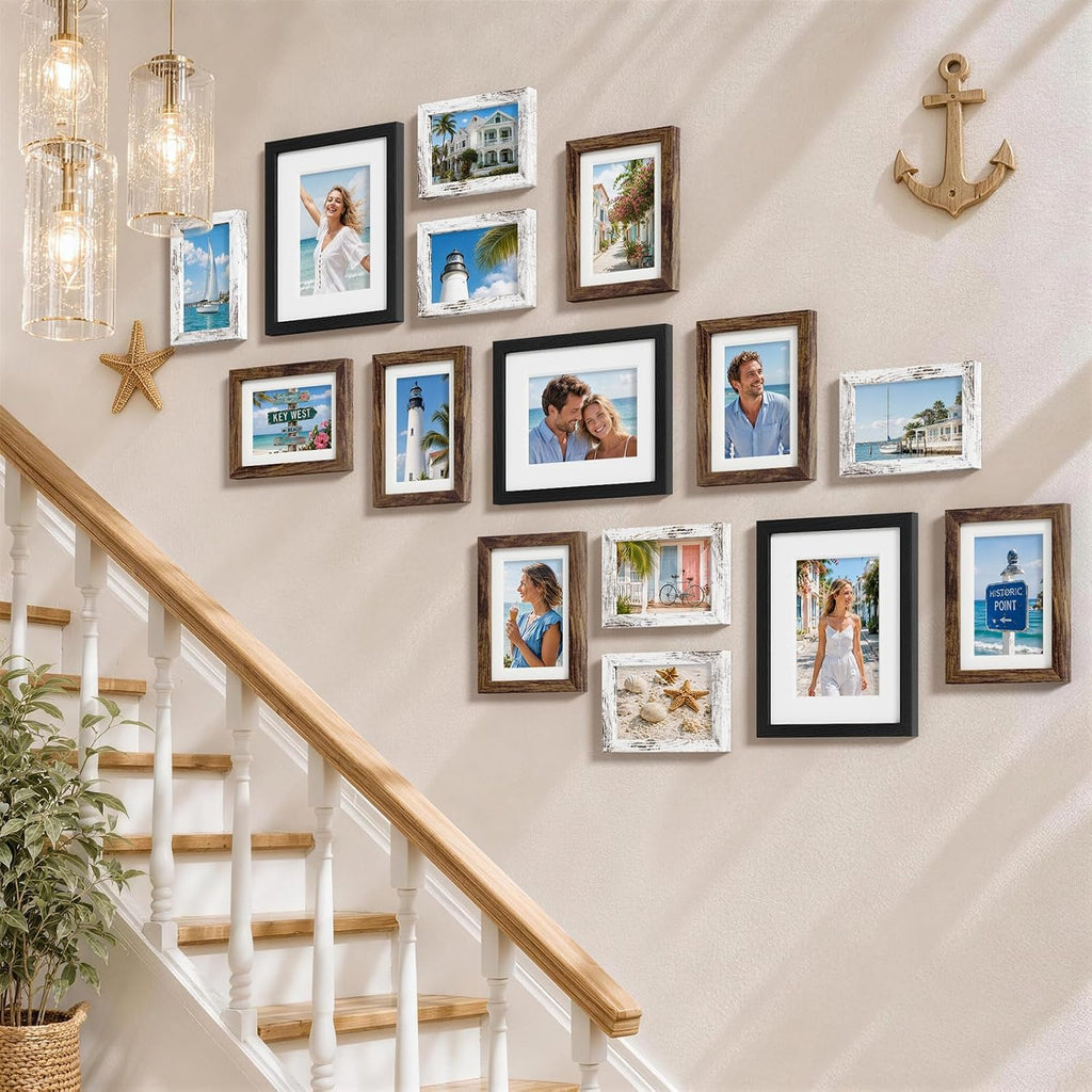 Pallene 15 Pack Gallery Wall Frame Set, Black, Brown, Distressed White