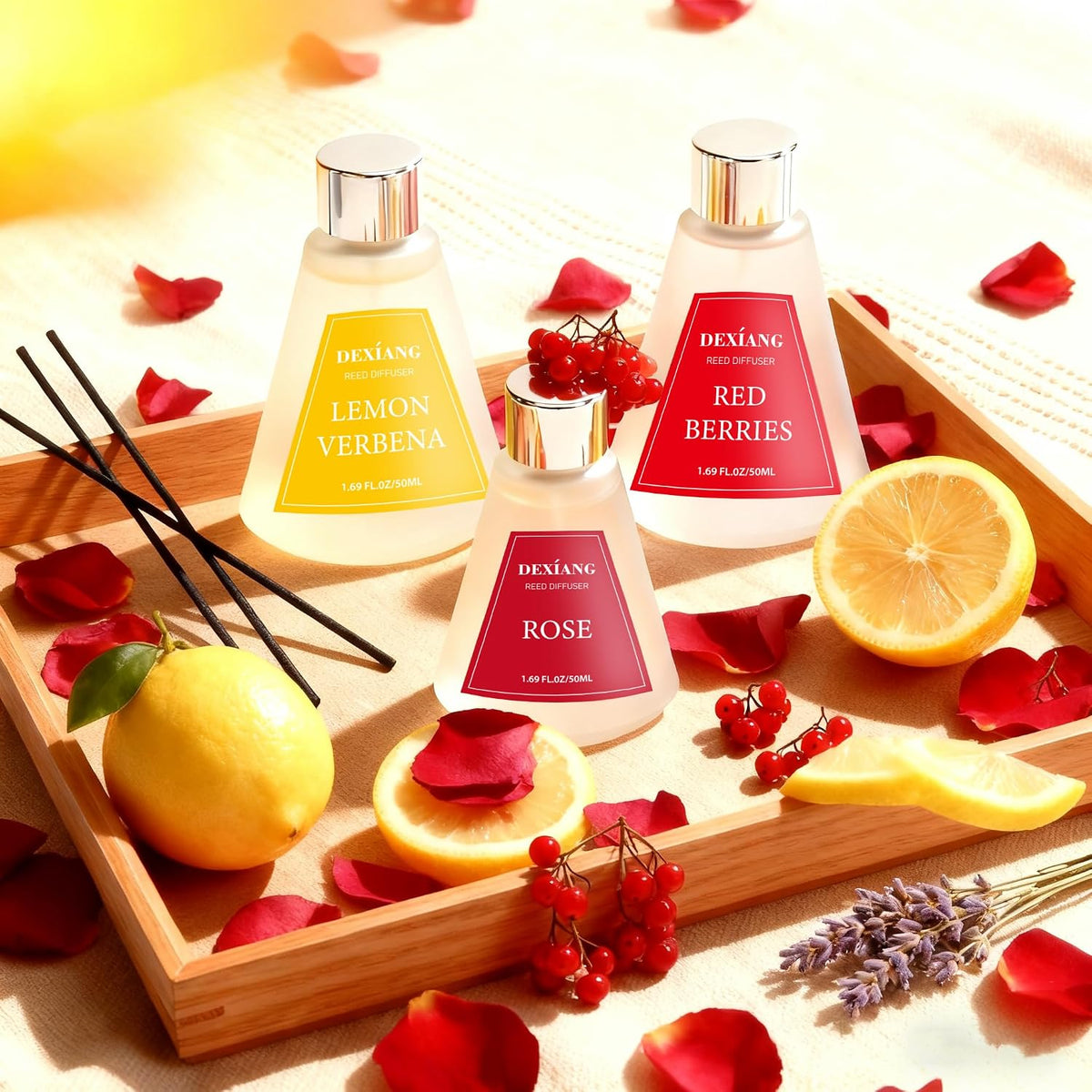 Reed Diffuser Set of 3 Packs, Lemon Verbena/Rose/red Berry Oil Diffuser Reed Diffuser for for Home, Bathroom, Office Decor 1.7 Fl.oz, Total 5.1Oz