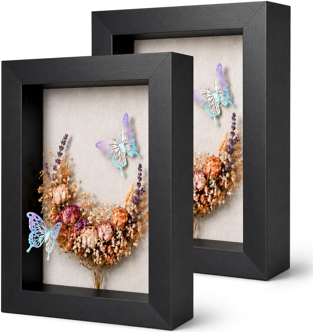 5x7 Shadow Box Picture Frame, 2-Pack Linen Back, Keepsake, Black