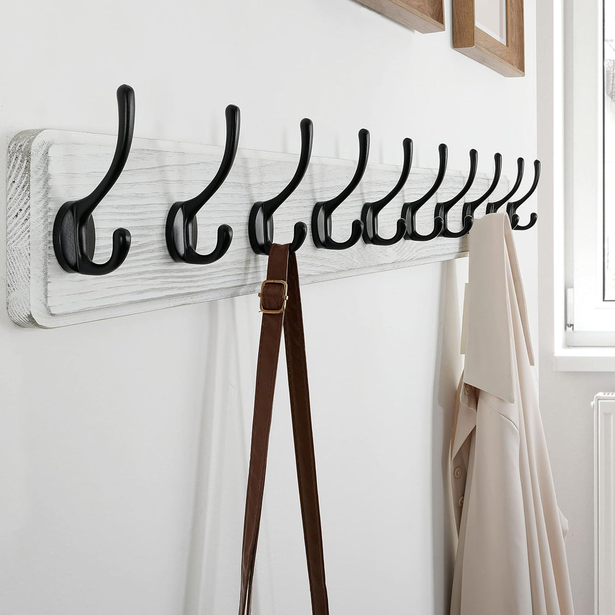 SKOLOO Rustic Wall Mounted Coat Rack, 10 Hooks, 38", Solid Wood, White