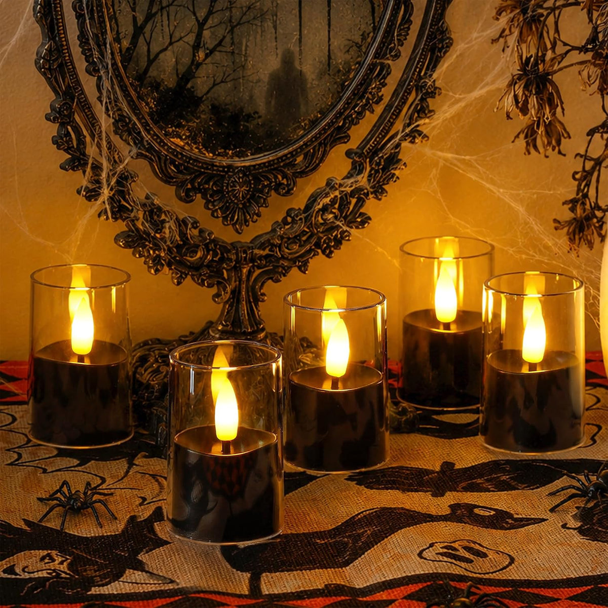 Flameless D: 1.7" H: 2.5" Small Tea Light LED Candles, Clear Acrylic Battery Operated Votive with Remote Control and Timer, Tealight Black Flickering Warm Light Pack of 8 Electric Halloween