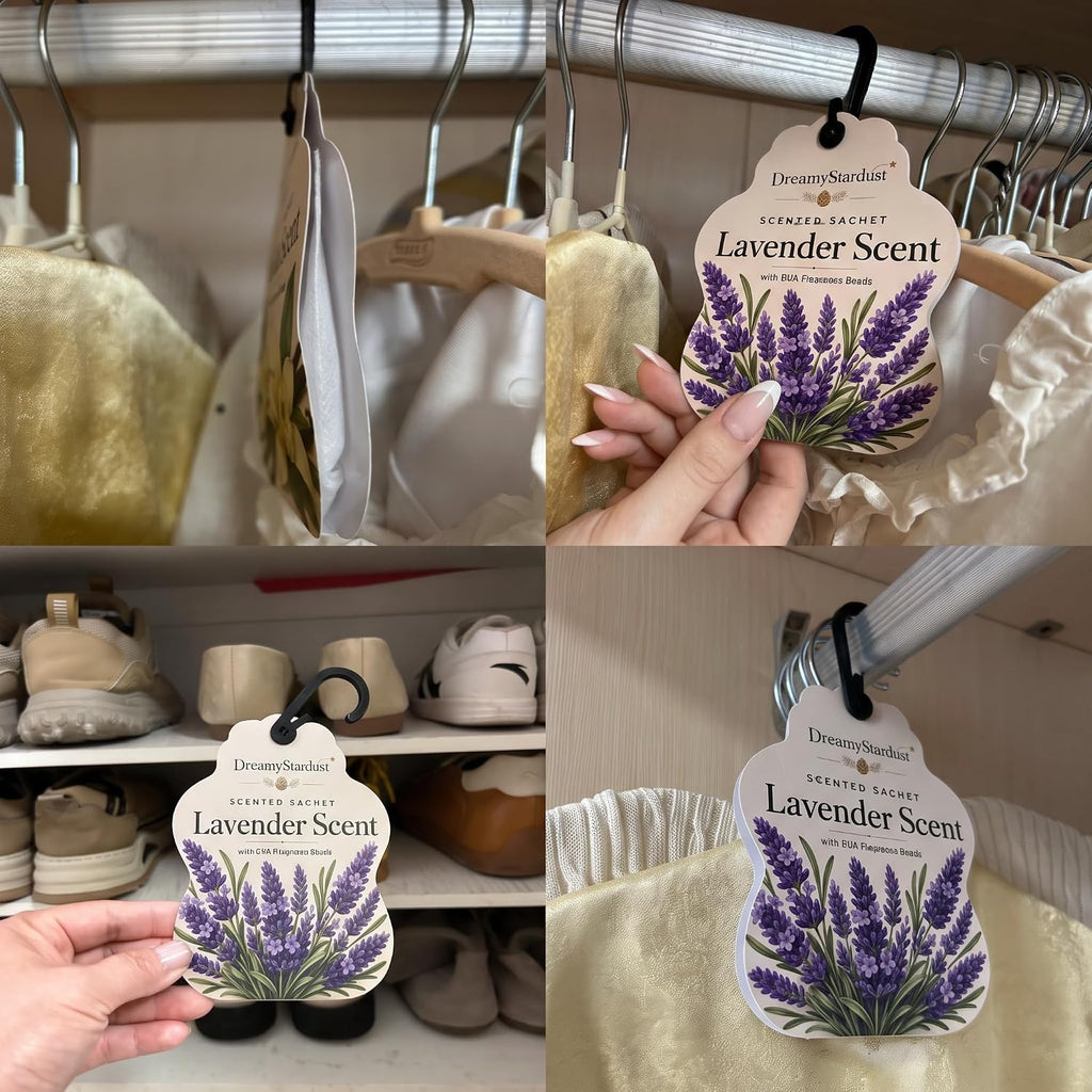Lavender Scented Sachets for Drawers & Closets, 6 Pack Hanging Fragrance Sachets with EVA Beads for Wardrobe, Car, Shoe Cabinet and Bathroom, 0.35 oz Each