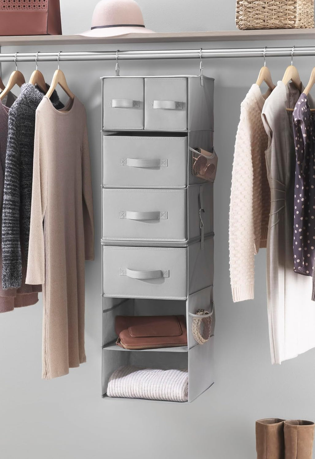 Whitmor Multi-Functional Hanging Organizer with Drawer Inserts- 5 Section - Closet Organizer - Grey