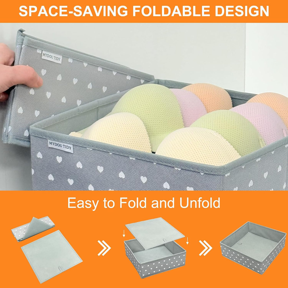 12 Pack Baby Clothes Organizer for Nursery Drawer - Foldable Fabric Dresser Dividers & Storage Bins for Diapers, Onesies, Accessories - Mydou Tidy Grey Heart Decorative Organizers