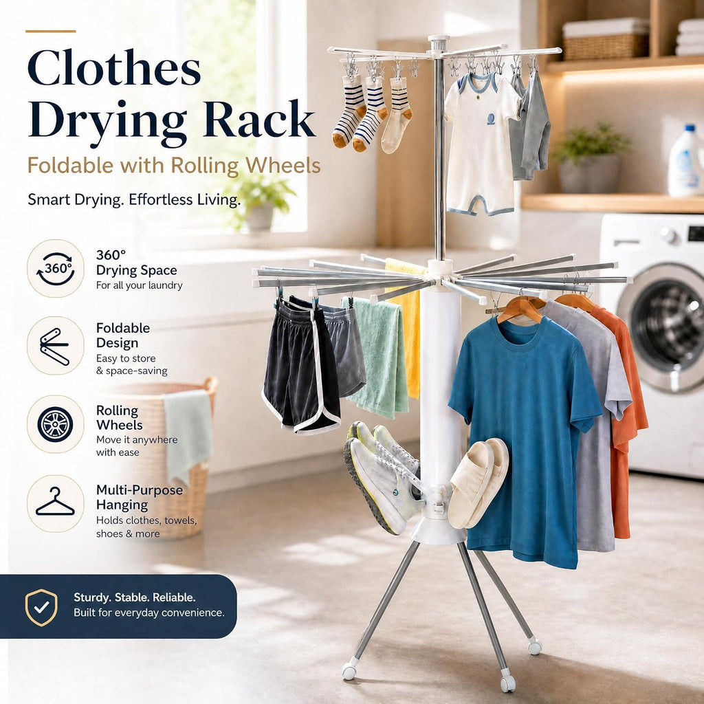 Clothes Drying Rack Foldable with Rolling Wheels, 4-Legged Portable Laundry Drying Rack with 360° Aluminum Arms, Freestanding Garment Drying Stand for Indoor Outdoor (Single-tier with shoe rack)