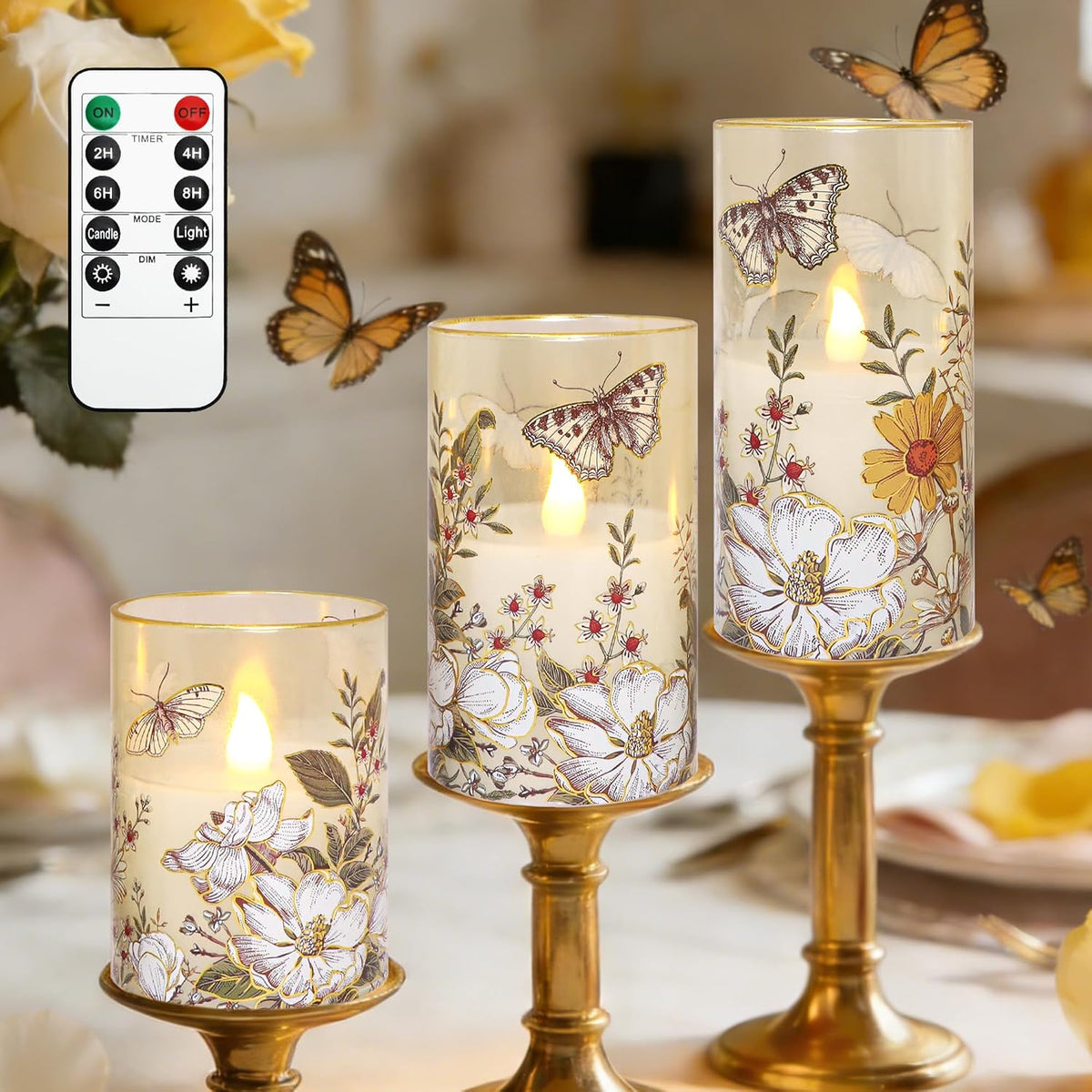 MELTONE Flameless LED Candles Botanical Butterfly Design with Remote Control & Timer Function & Dimmable, Battery Operated Glass Candles for Home Party Wedding Christmas Spring Decor, Set of 3