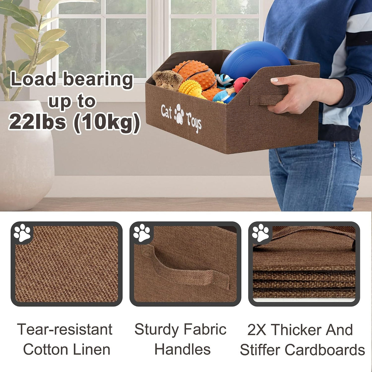 2X Thicker Large Cat Toy Bin - Collapsible Box, Sturdy Basket, Kitten Storage Bed for Organizing Toys, Treats, Clothes and Accessories (Brown)