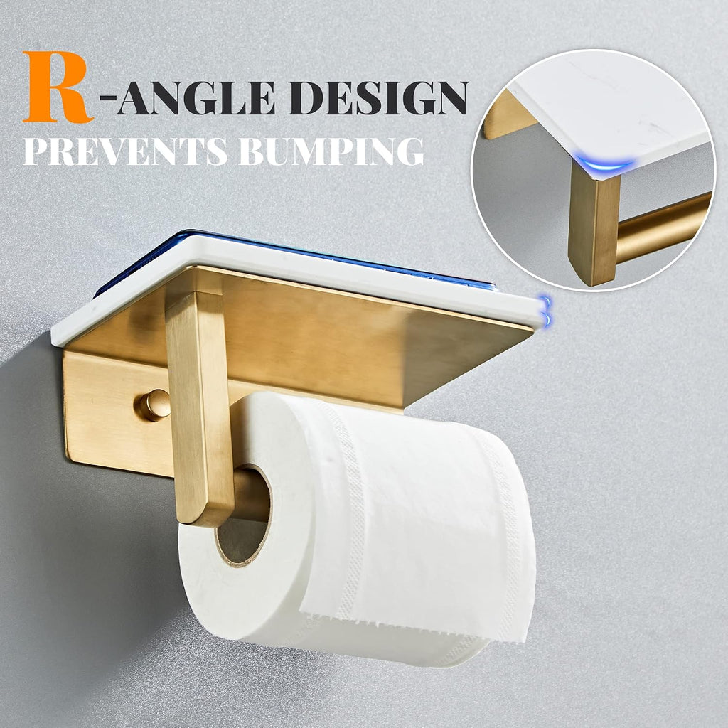 Brushed Gold Toilet Paper Holder with Marble-Look Shelf, Wall Mounted SUS304 Stainless Steel Toilet Roll Holder with Phone Storage