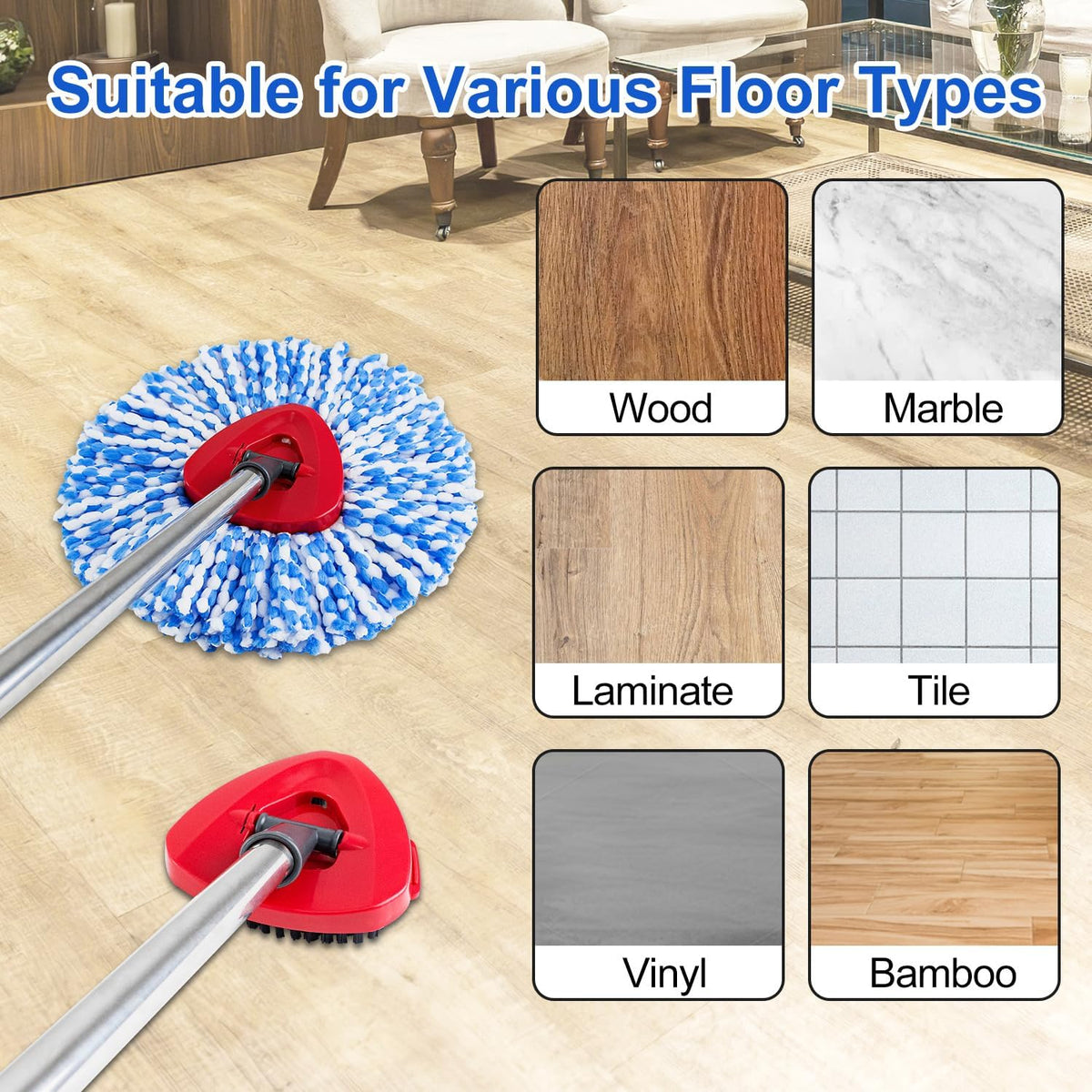 Spin Mop Handle Mop Heads and Base Replacement Sets Compatible with O Cedar EasyWring Rinseclean 2 Tank System, Flexible & Reusable(1 Sets Stainless Steel Handle & 2 Refills & 1 Base & 1 Scrub Brush)