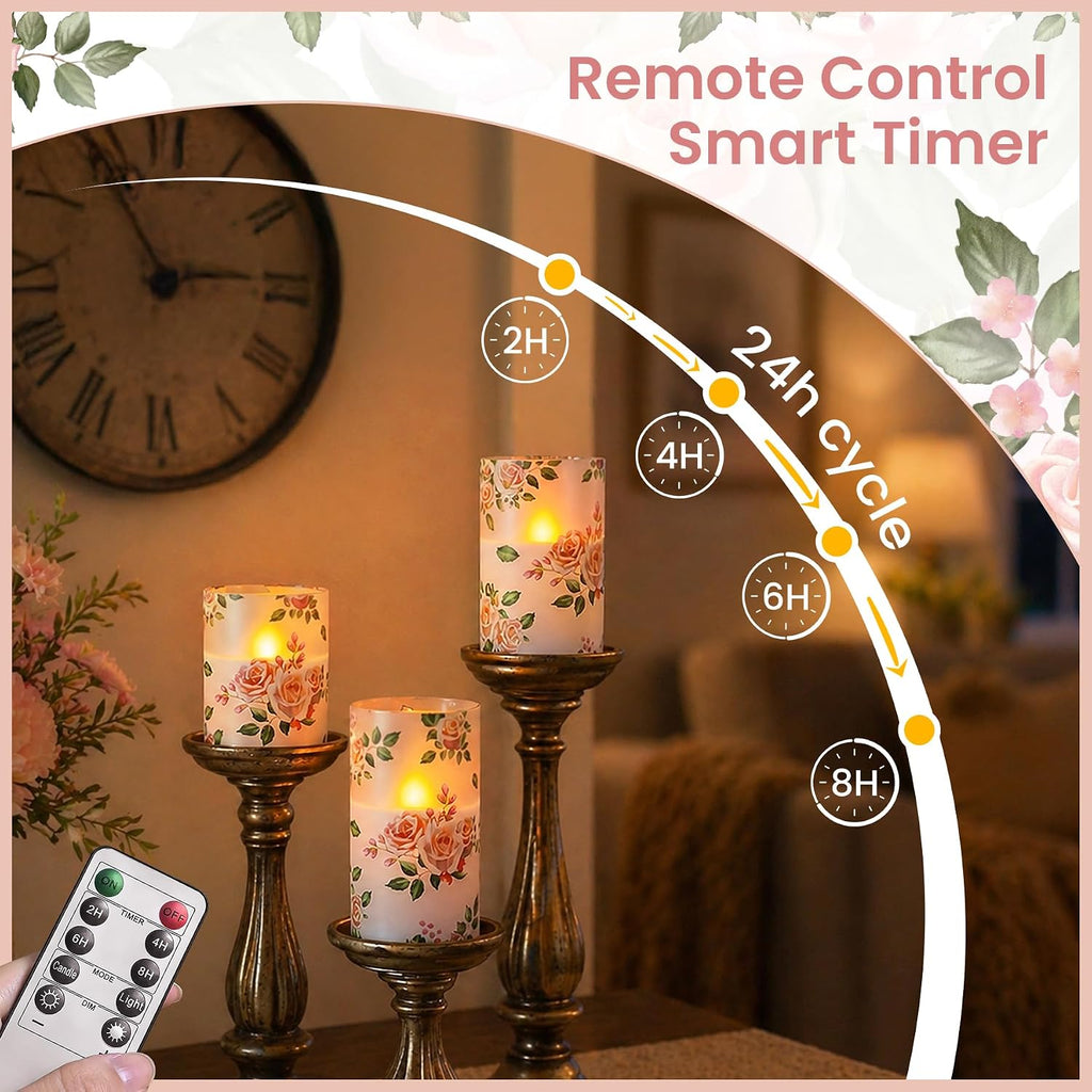 Pink Rose Flameless LED Pillar Candles with Remote, Pack of 3 Glass Shell Flickering Electric 3D Wick Warm Light Real Wax Battery Operated Fake Timer Lighting, 3" x 4" 5" 6" Home Decor