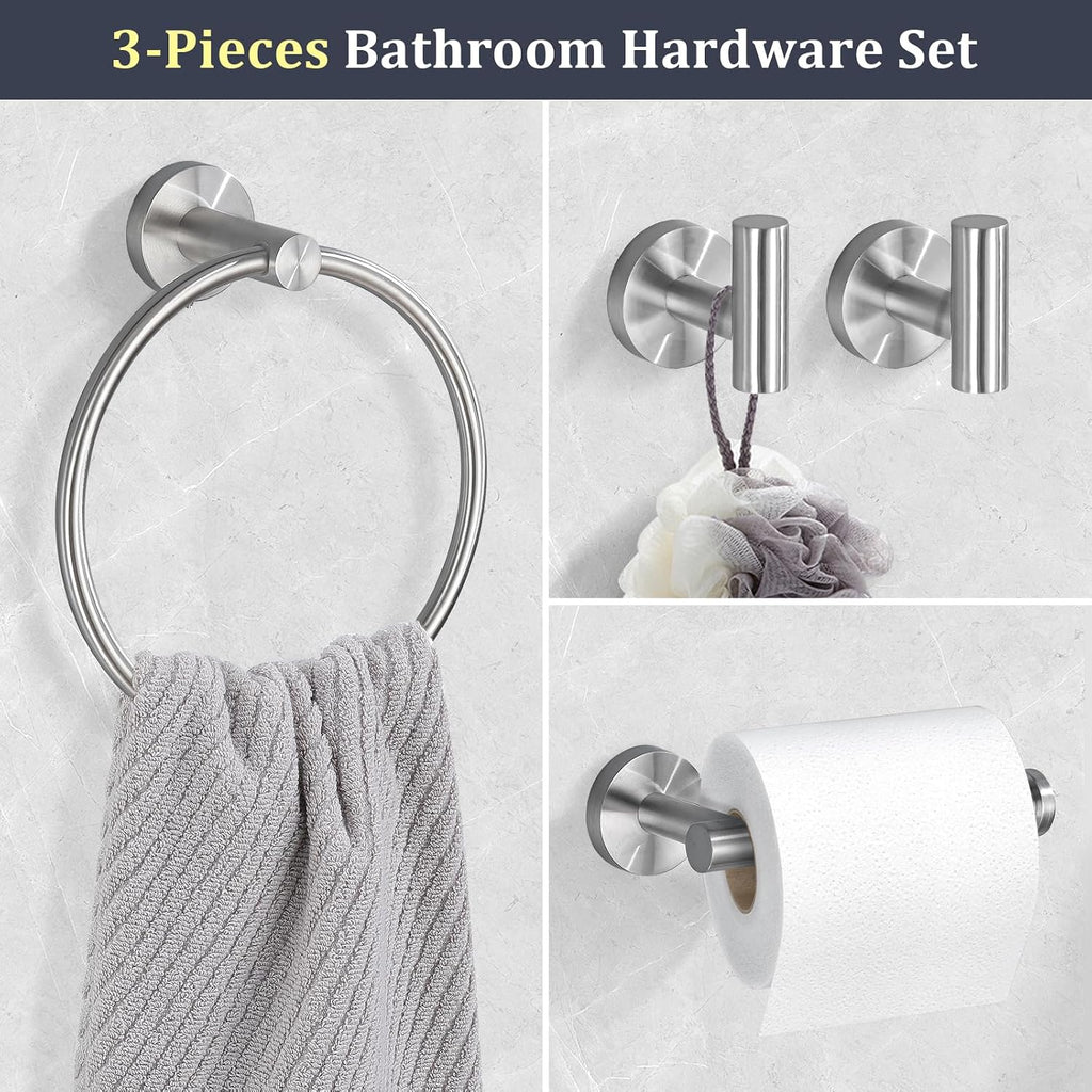TURS Brushed Steel Towel Ring Toilet Paper Holder Towel Hooks 4-Pieces Bathroom Towel Holder Set SUS304 Stainless Steel Bathroom Accessories Kit Wall Mounted