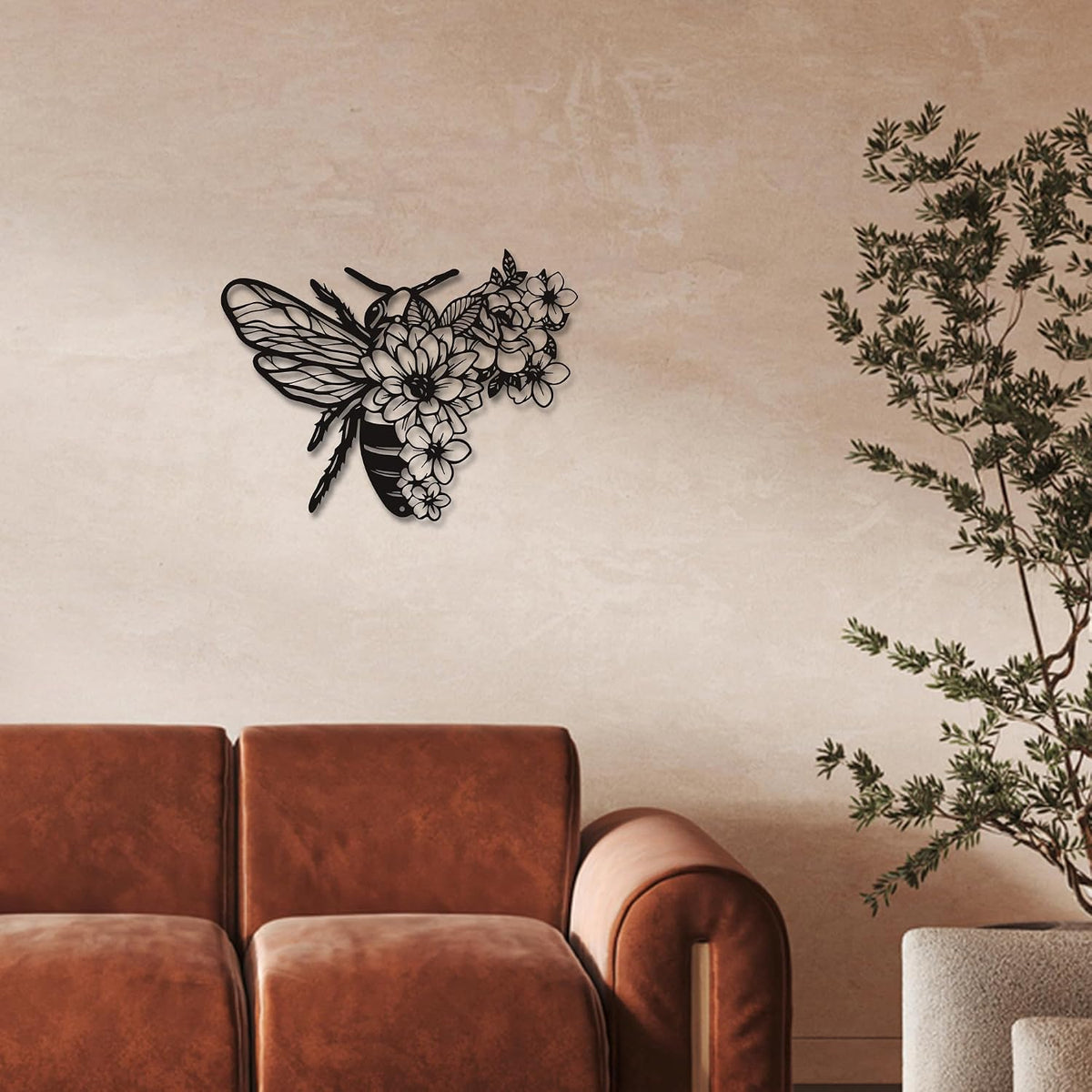 Rajukit Modern Bohemian Bee Flower Metal Wall Art Black