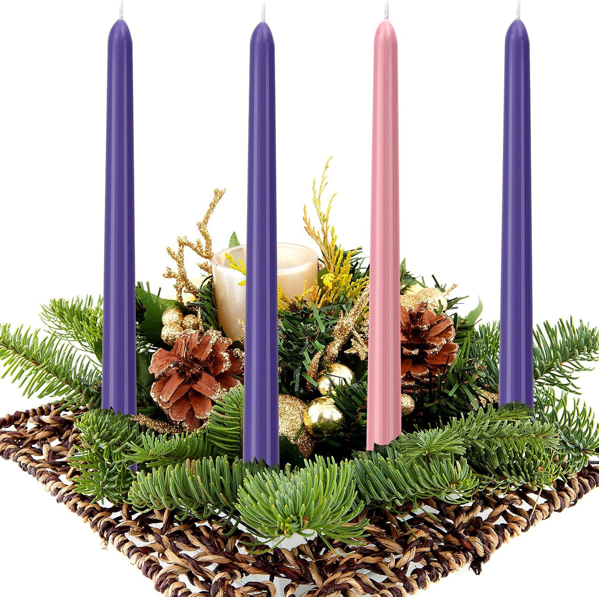 4 Pack Advent Candles Set - 10-Inch Dripless, Unscented, Smokeless, Long-Lasting Advent Tapered Candles for Christmas, Hand-Poured in Pink and Purple