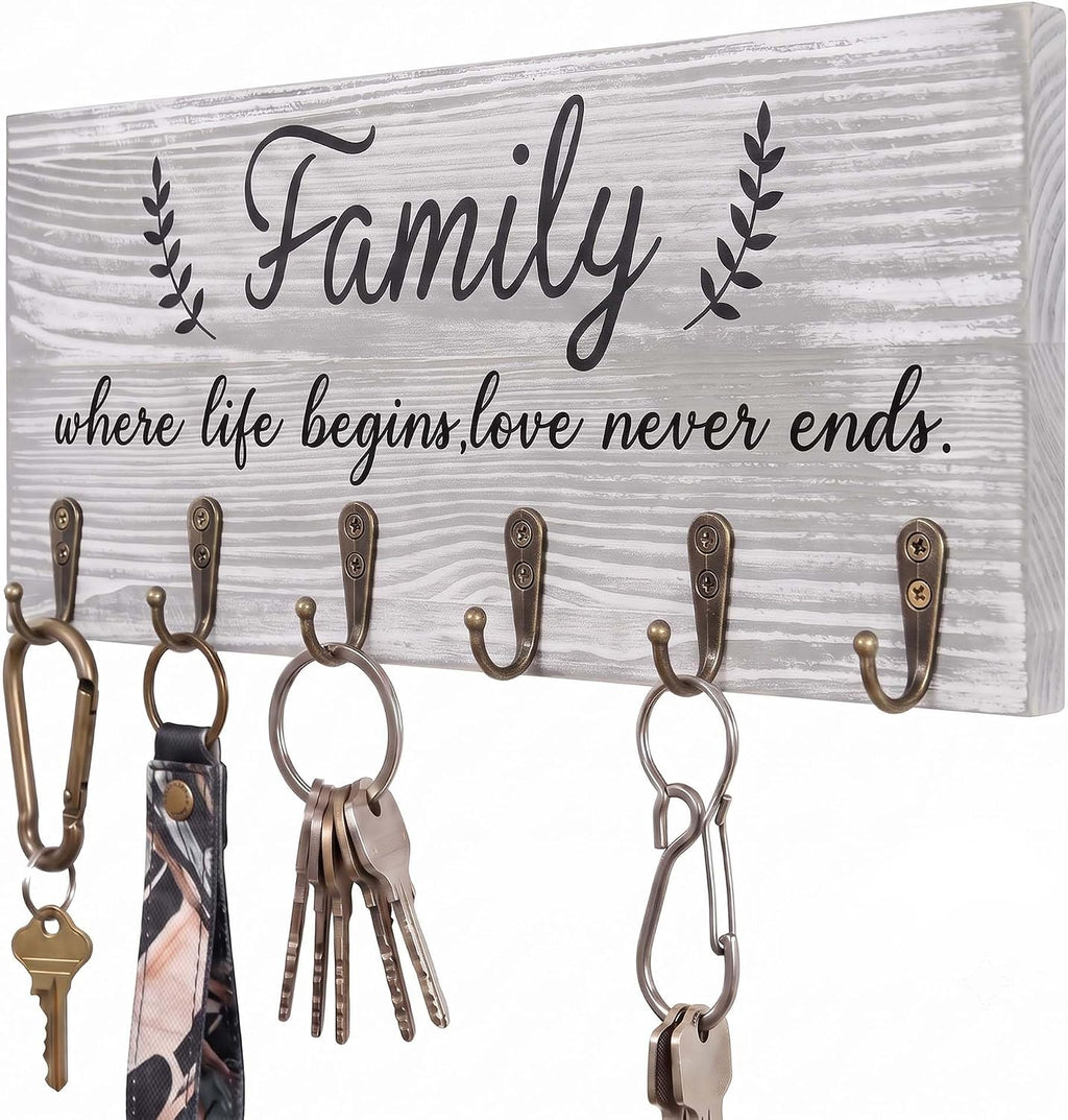 AHYS Key Holder Wall Mount Family Wall Decor Wooden Key Rack Hanger with 6 Hooks for Farmhouse Home Entryway Living Room Decor - Light Grey