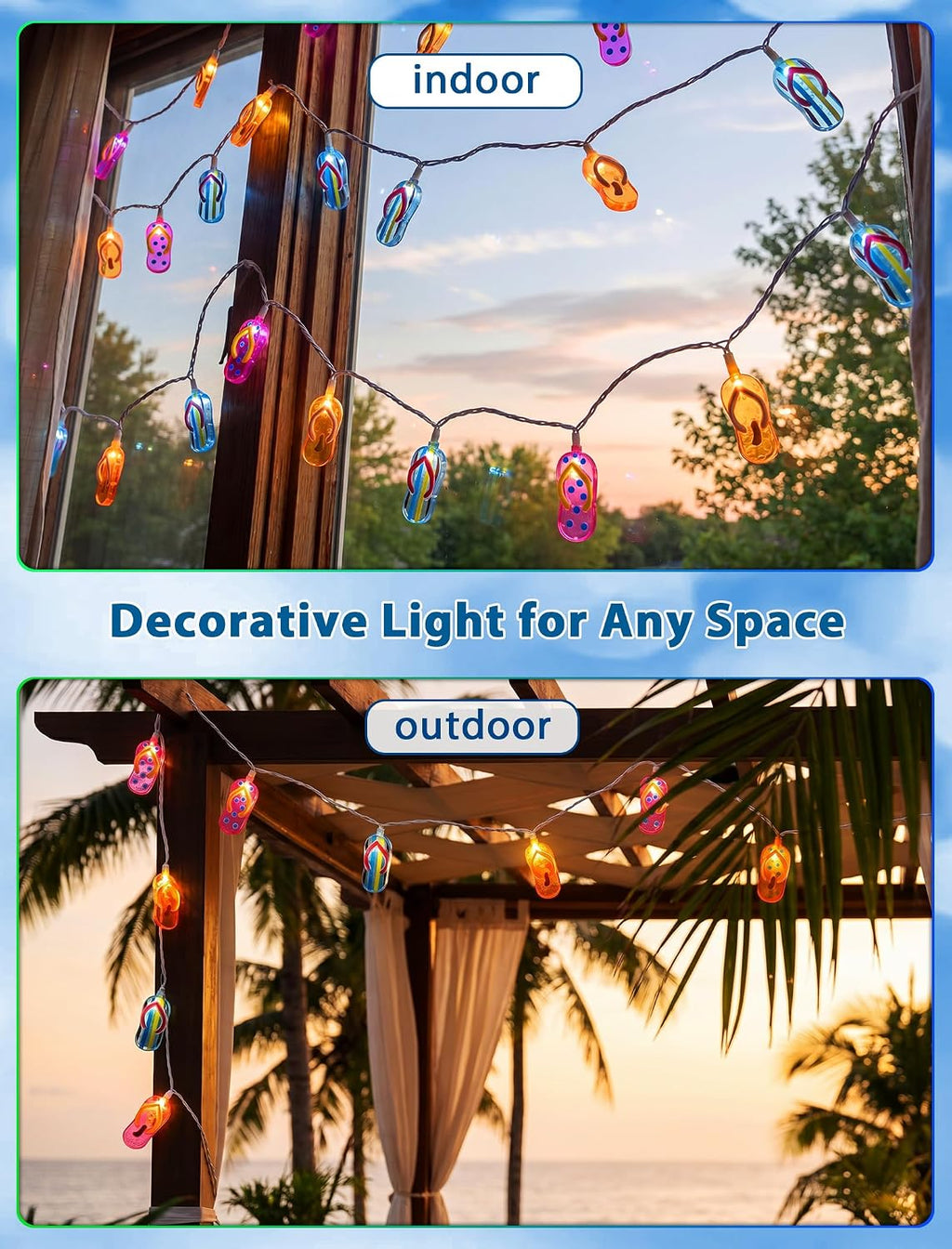 8.5Ft Tricolor Slipper String Lights, Outdoor Tropical Beach Themed Flip-Flop Light with 10 Plastic Bulbs, Summer Waterproof Hanging Slipper Lights for Outside Patio Garden Tent Party Decor, White