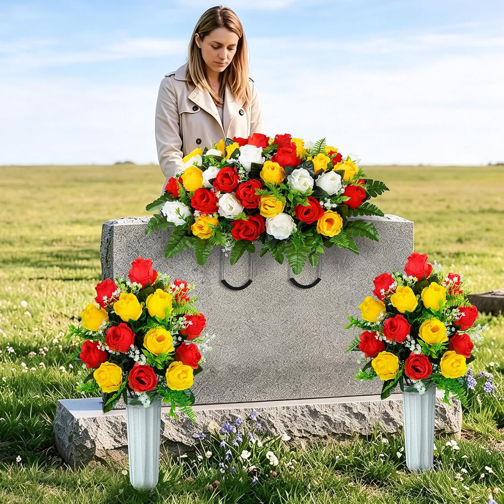 XONOR Artificial Cemetery Flower Saddles, Cemetery Memorial Flowers with Vase for Grave Tombstone Decorations (Yellow Red White)