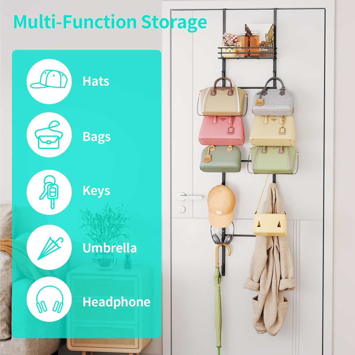 HapiRm Over the Door Purse Organizer - Wall Mounted Purse Rack with 16 Hooks and Metal Basket, Hanging Handbag Organizer Holds up to 16 Bags, Bag Rack Can Use As 1/2 Part, for Door, Closet (Black)