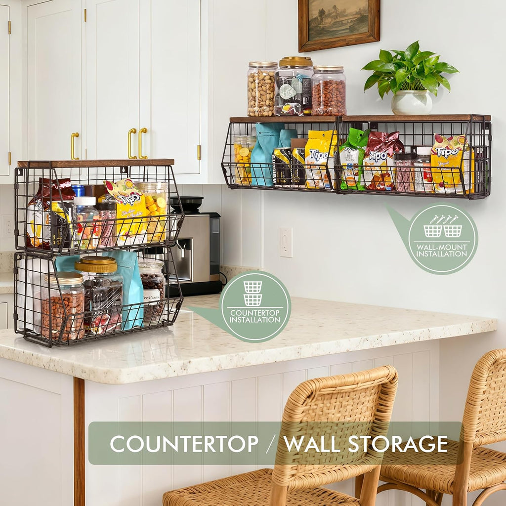 Wall Hanging Baskets 2 Pack Wooden Top Floating Wire Shelves (Extra Large)