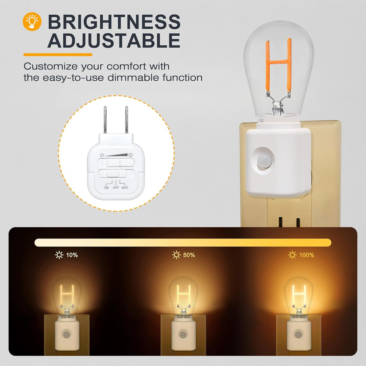 Motion Sensor Night Light, Night Lights Plug into Wall,H-Type 2200K Amber Dimmable LED Motion Activated Nightlight for Bathroom Hallway Decor, 2-Pack