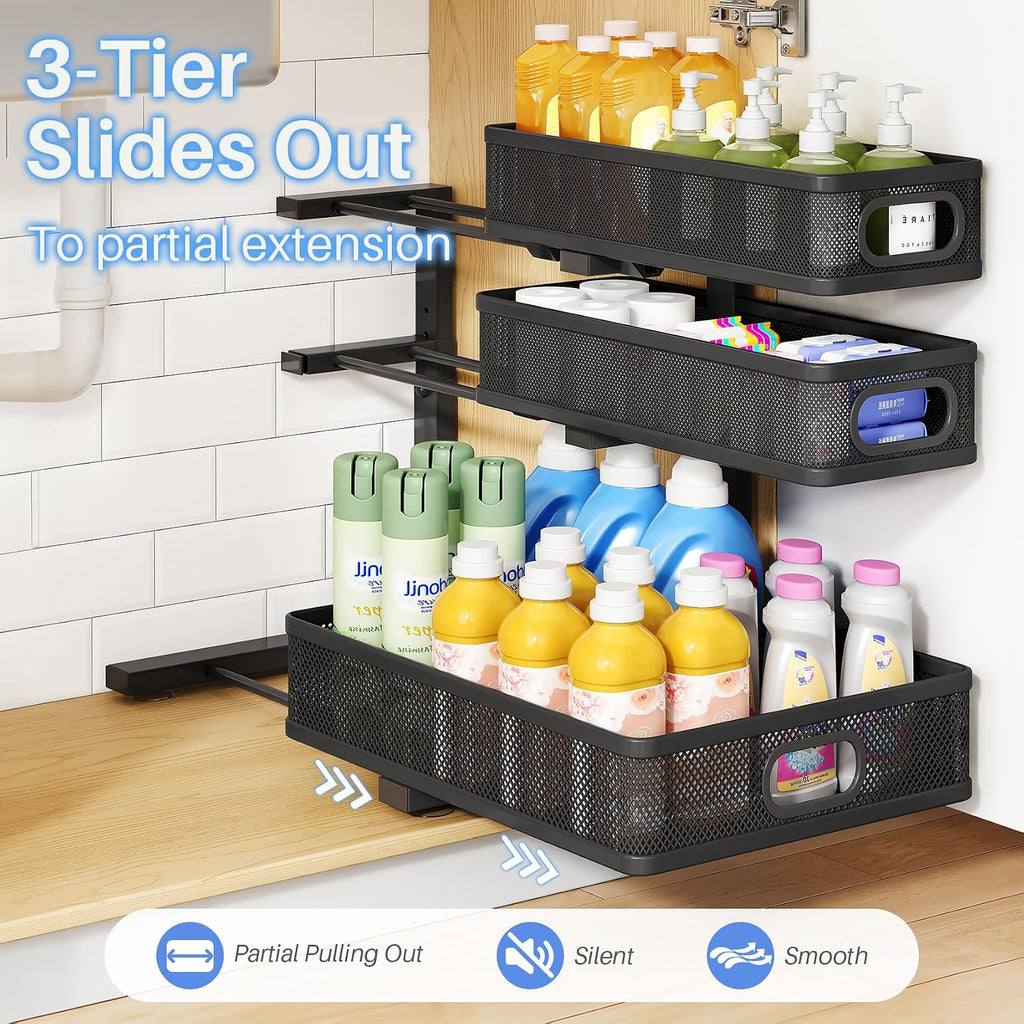 Under Sink Organizer, 3-Tier Thickened Metal Pull out Cabinet Organizer Shelf, Height Adjustable Slide out Storage Drawer Rack for Kitchen Bathroom Pantry Laundry Home Organization, 2-Pack, Black