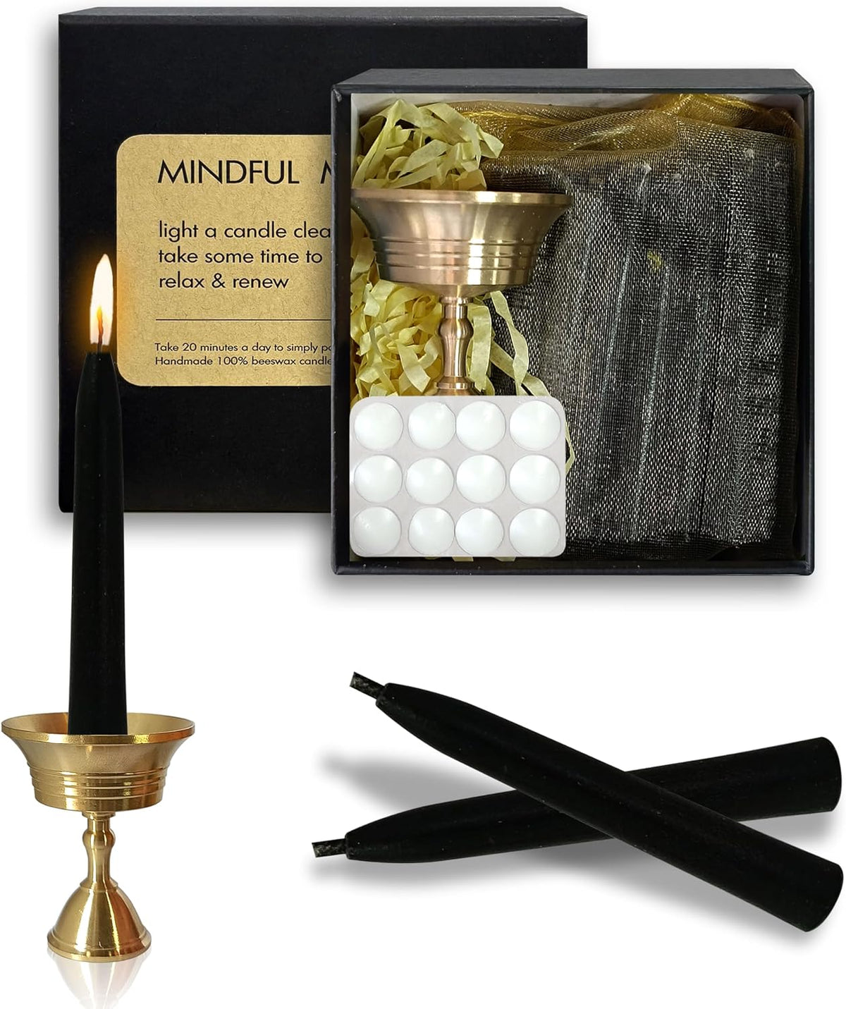 20 Min Black Meditation Candles – 30 Pack, Includes Mini Candle Holder & 12 Wax Dots, Slow Burn, Natural Unscented, for Halloween Yoga Prayer Mindfulness & Relaxation
