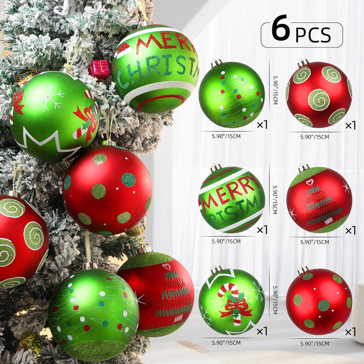 Lanpn 6Pcs 6" Large Outdoor Christmas Ornaments, Xmas Tree Elf Swirl Ball Decoration, Big Red Green Christmas Ornament, Giant Glittering String Ball Plastic Hanging Decor for Lawn Yard Holiday Party