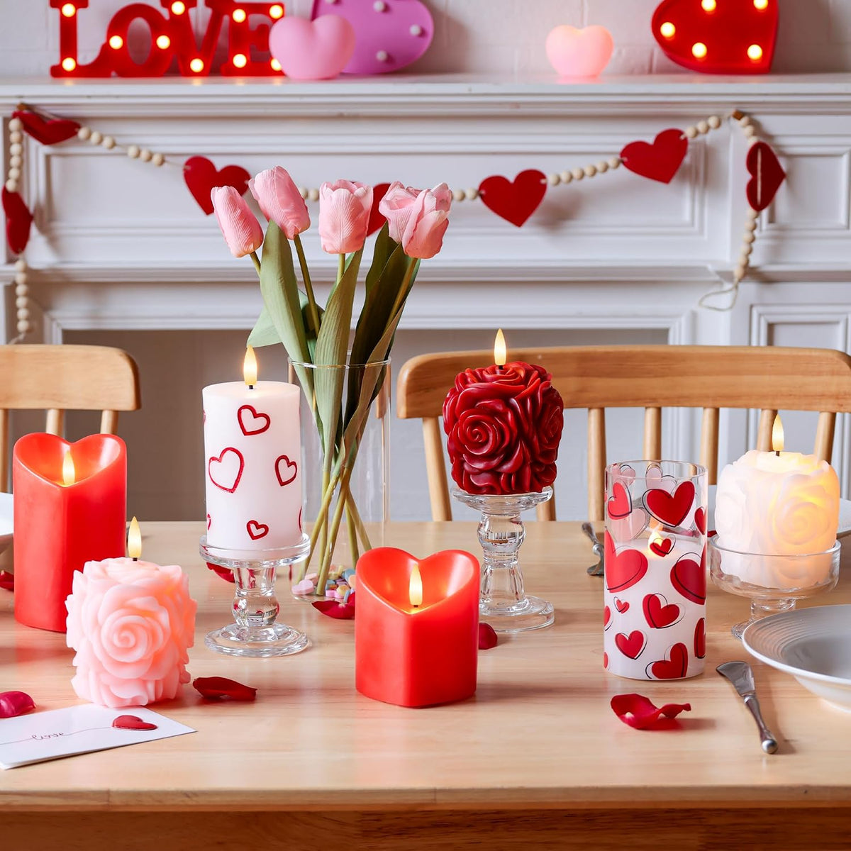 Valentines Day Heart Candles, Flameless Pillar Candles with Remote