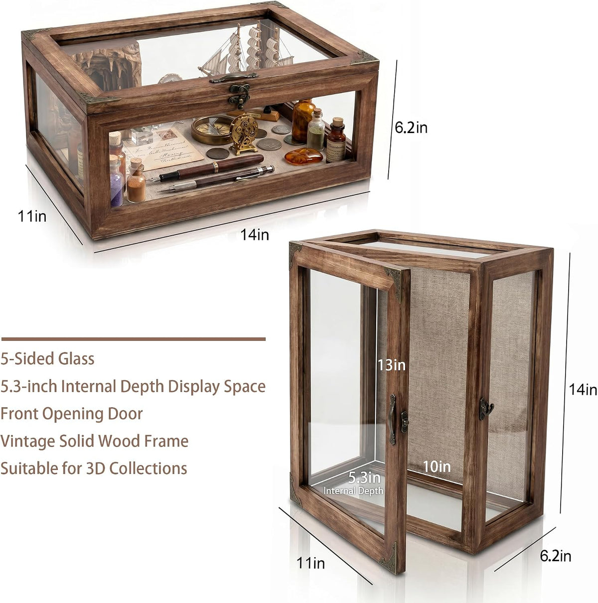 Shadow Box Display Case 11x14, 6.2" Deep, 5-Sided Glass, Solid Wood