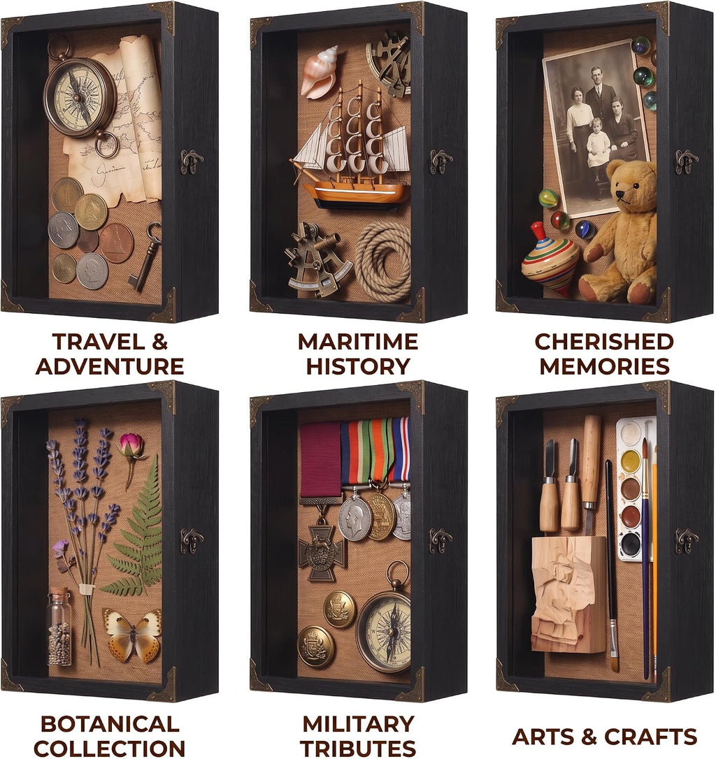 11x14 Shadow Box Frame with Glass Door, Solid Wood Memory Display Case, Linen Back, 2.7" Overall Depth, 10 Push Pins & Hanging Hardware, Rustic Keepsake Box for Flowers, Photos, Medals, Black