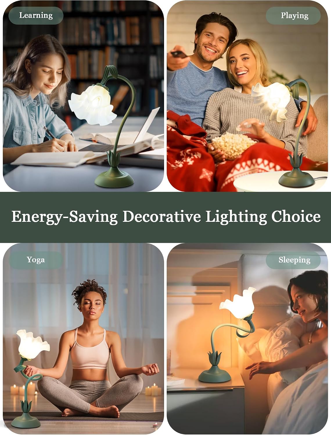 Flower Table Lamp, LED Reading Light Bedside Vintage Night Light (Green)