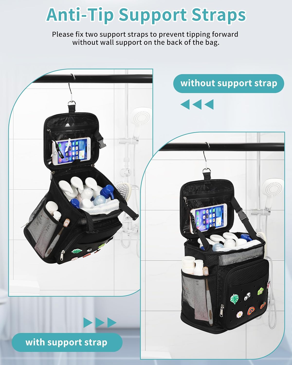 Shower Caddy Portable, Hanging Shower Caddy for College Dorm Room Essentials, Mesh Shower Bag with DIY Decoration Charms, Large Capacity Toiletry Bag for Gym, Swiming, Camping, Bathroom, Beach, Travel