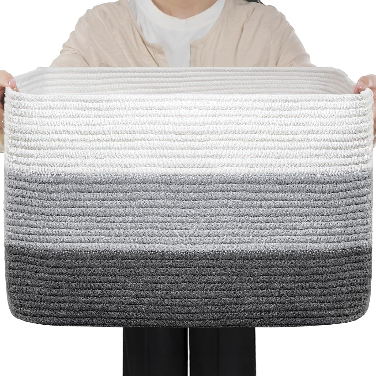 Optish 95L Large Woven Blanket Basket, Storage Basket with Handles, Grey
