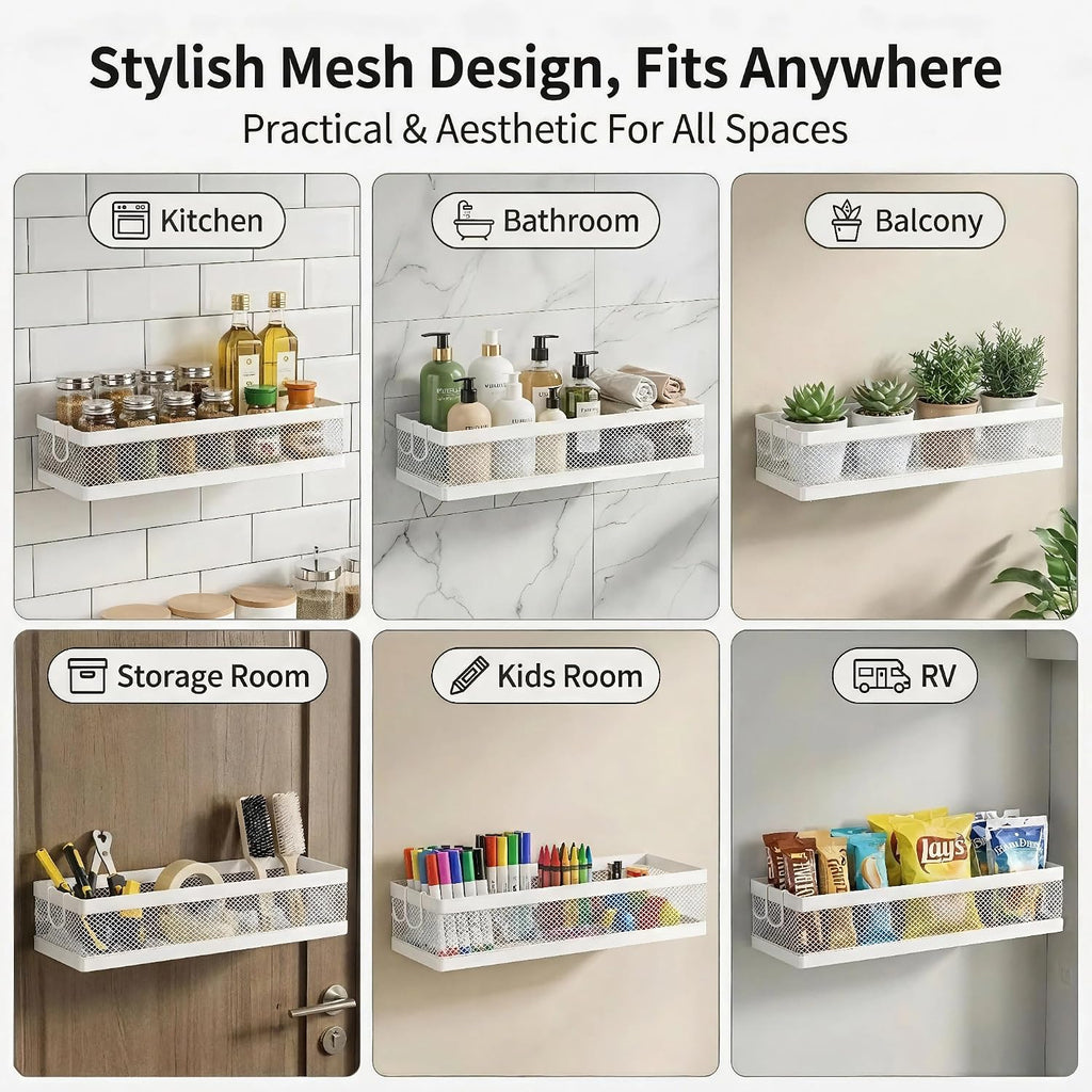 PUSDON 16.5-Inch Extra Long Slim Mesh Shower Caddy, Wall Mounted Bathroom Organizer with Adhesive, Heavy Duty Rustproof Shelf for Narrow Kitchen Pantry & RV, Holds 50 LBS 2-Pack - White Netting