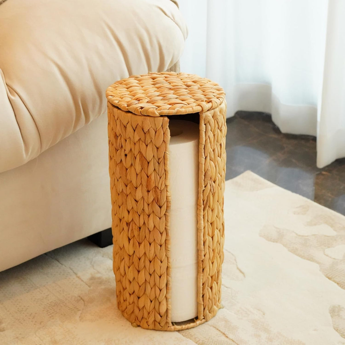 PINXIURY Water Hyacinth Paper Roll Holder, Wicker Toilet Paper Holder Stand for Bathroom, 3 Rolls of Toilet Paper Storage, Toilet Roll Holder Stand for Bathroom and Under Sink