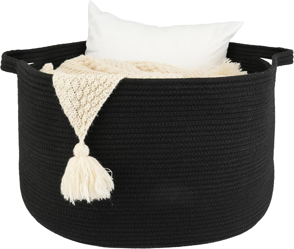 XUANGUO Extra Large Cotton Rope Round Storage Basket 22" x 14" Black