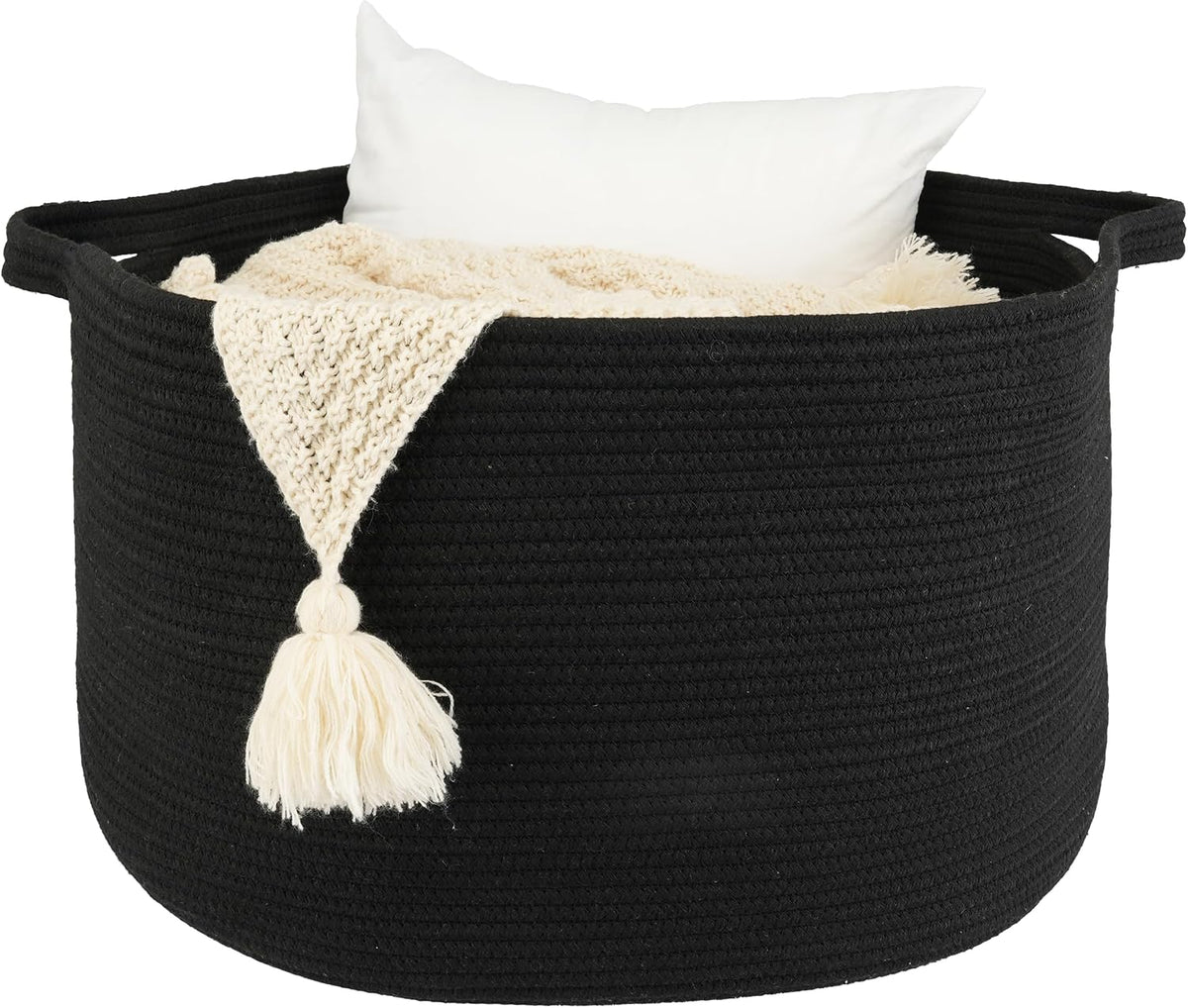 XUANGUO Extra Large Cotton Rope Round Storage Basket 22" x 14" Black