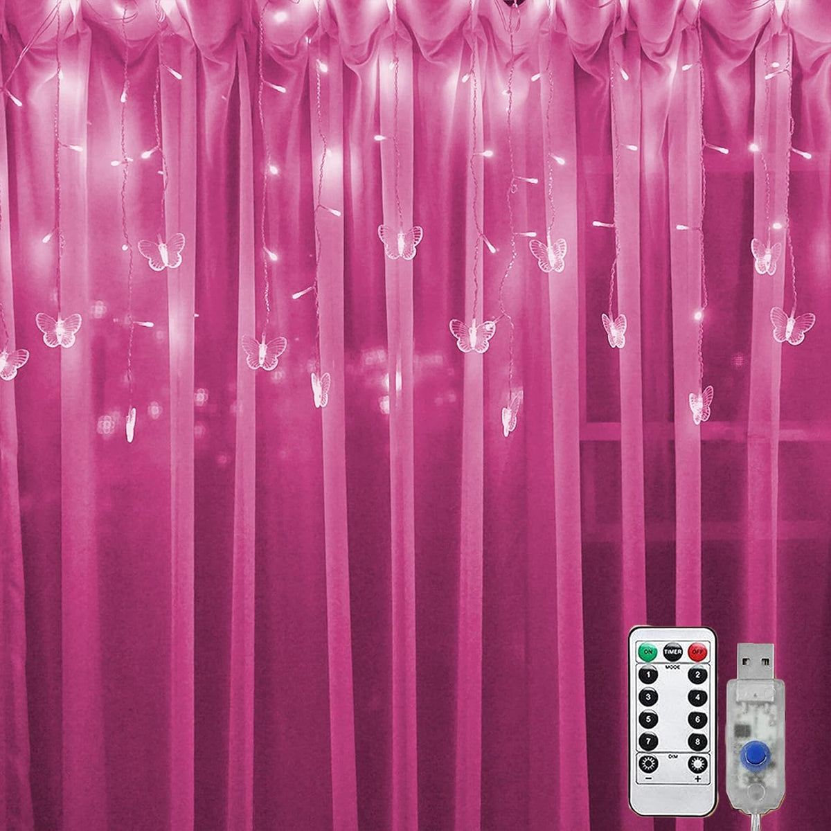 Butterfly Curtain Lights, 4.9ft 48 LED USB Window Fairy Lights 10 Butterflies 8 Modes Firefly Twinkle Timer String Lights with Remote for Room Bedroom Wall Ceiling Party Wedding Christmas (Pink)