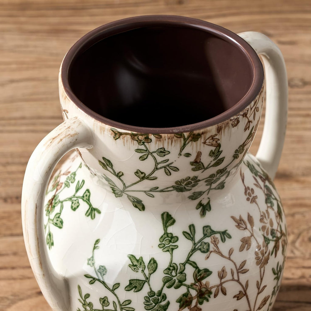 Emotionally Grounded Vase, Vaseking Large Ceramic Rustic Vase with 2 Handles, 8.3 inch Green and Beige Decorative Farmhouse Tall Vases for Home Decor, Living Room, Enterway, Table Decoration