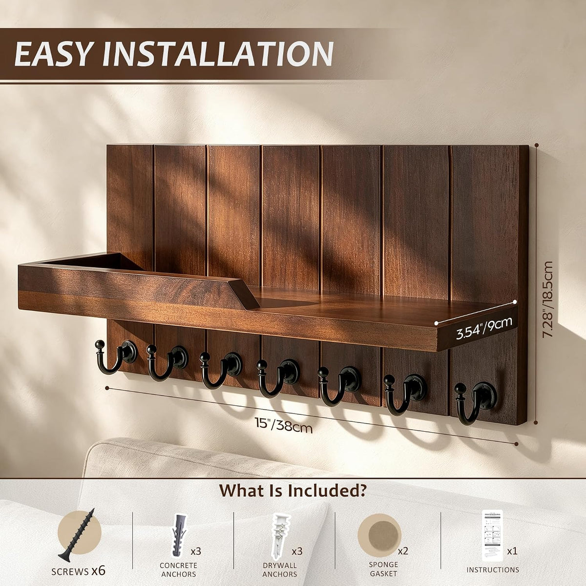 Rebee Vision Walnut Wood Key Holder Wall Mount, Mail Organizer, Walnut