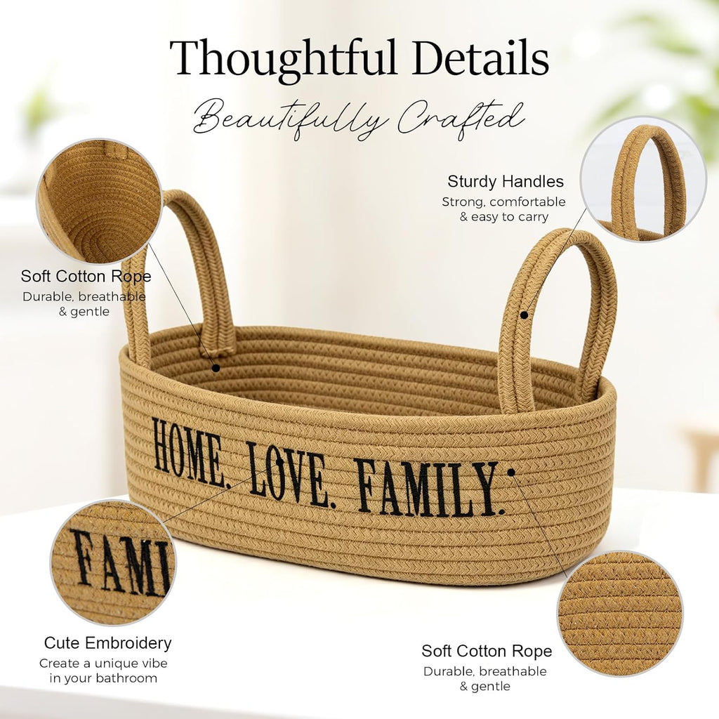2 Pack Cotton Rope Storage Baskets, Toilet Tank Basket with Handles, "HOME. LOVE. FAMILY" Embroidered Bathroom Organizer Bin, Rectangular Woven Storage Basket for Bathroom, Shelves, Countertop, Vanity