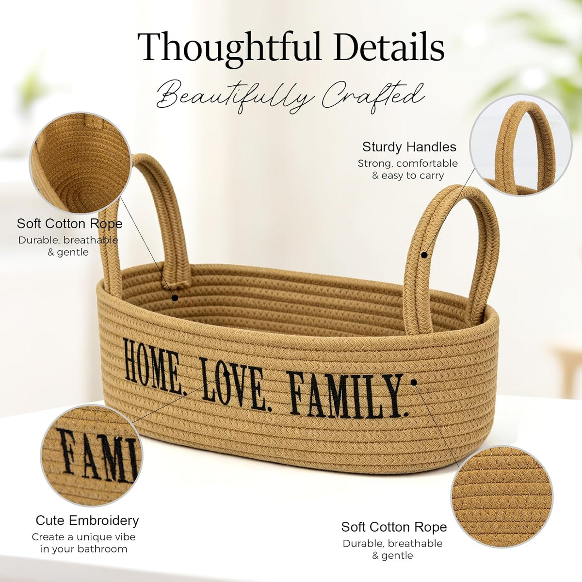 2 Pack Cotton Rope Storage Baskets, Toilet Tank Basket with Handles, "HOME. LOVE. FAMILY" Embroidered Bathroom Organizer Bin, Rectangular Woven Storage Basket for Bathroom, Shelves, Countertop, Vanity