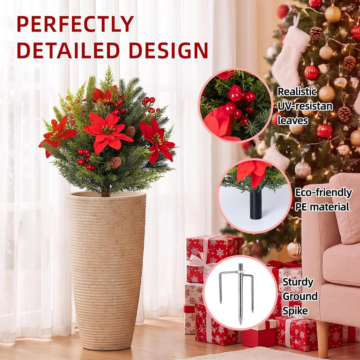 Artificial Christmas Cypress Poinsettia Flower Topiary Shrubs, Faux Greenery Ball Bush for Christmas Decoration,24.8" Fake Tree with Ground Spike,UV Resistant Plants for Front Porch Decor,Set of 2