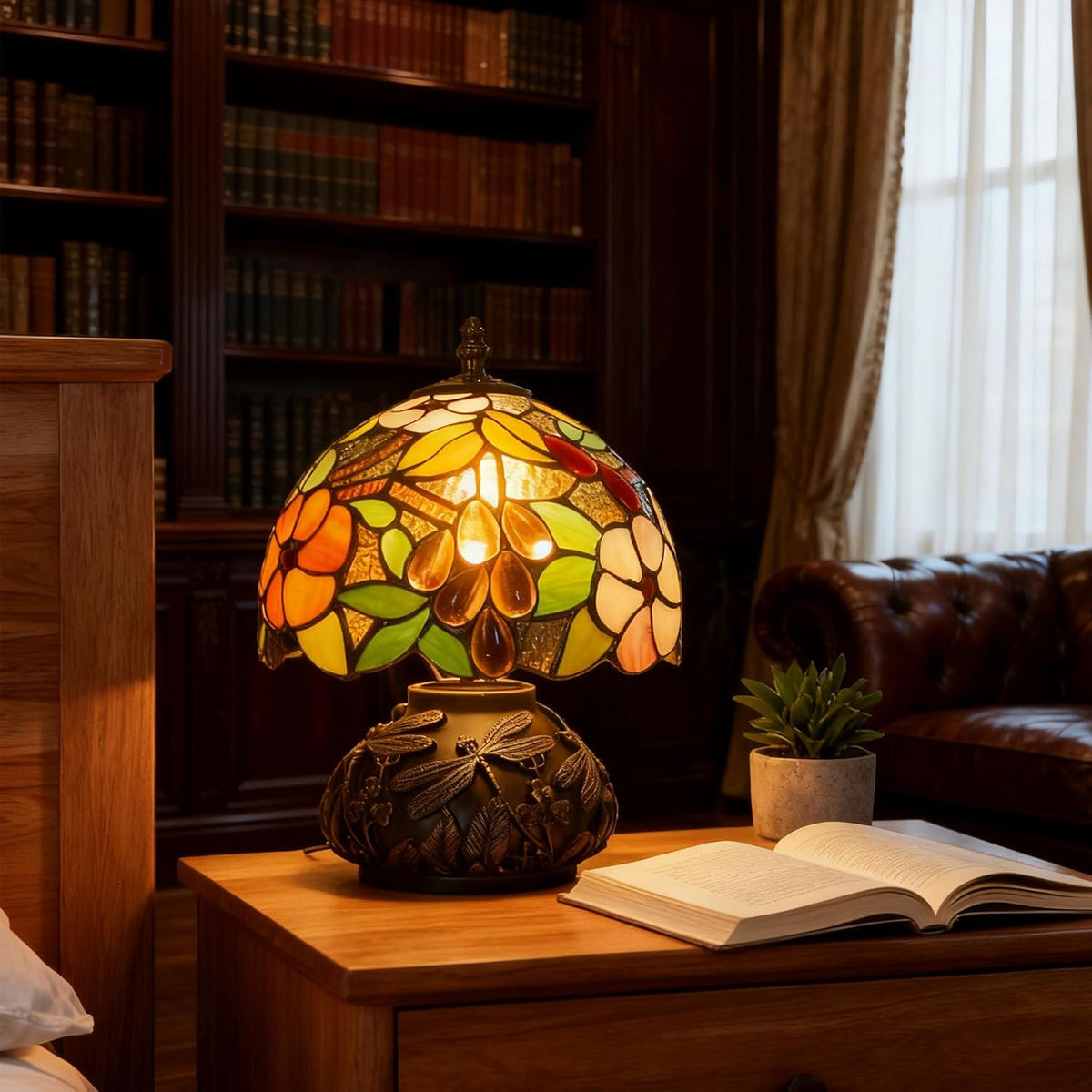 Tiffany Table Lamp 3-Way Stained Glass Style Bedside Reading Lamp Village Bedroom Nightstand Light 12inch Tall Office Home Decor Retro Unique Accent Lamp (Grapes Leaves)