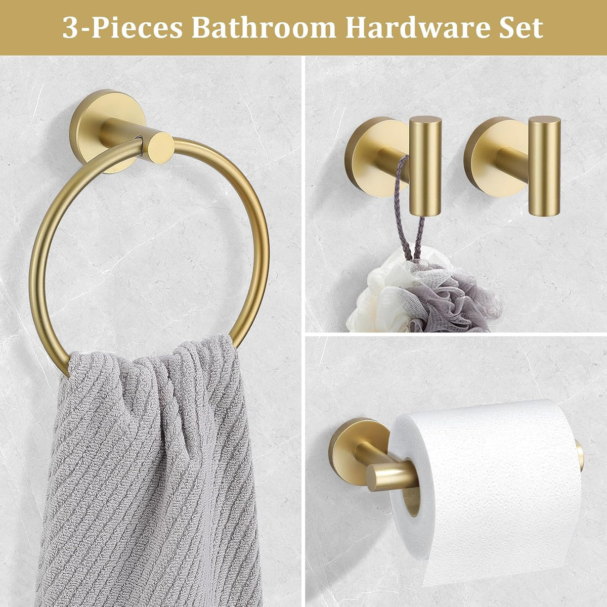 TURS Towel Ring Toilet Paper Holder Towel Hook 4-Pieces Brushed Gold SUS304 Stainless Steel Bathroom Accessories Kit Wall Mounted
